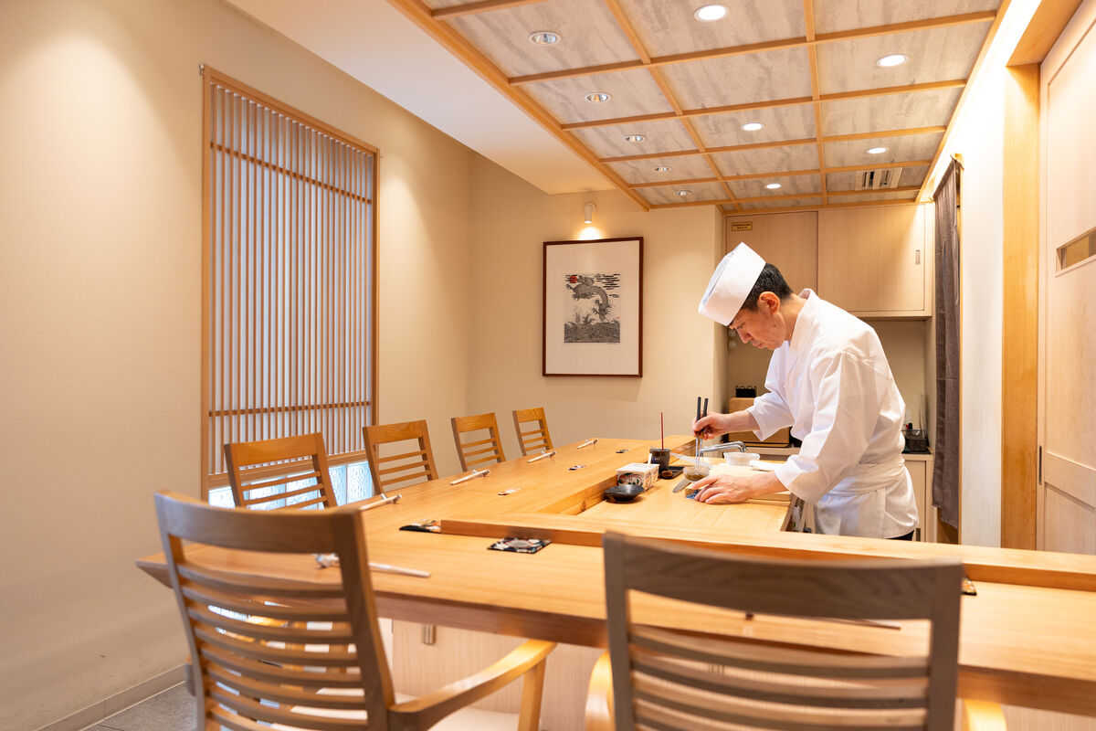 Interior of Sushi aoba, a hidden sushi restaurant in Kagurazaka